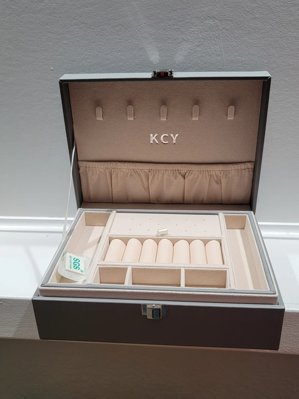 KCY Jewelry Box 2 Layers Large Jewelry Organizer Box Gray Cream